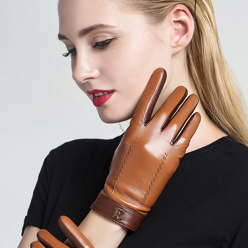 2019 New Genuine Leather Women's Gloves Autumn Winter Warm Plush Lined Fashion Patchwork Sheepskin Gloves Female 3326