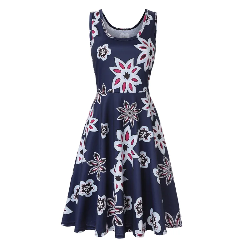 Summer Flower Tank Dress For Women Navy Blue Casual Cotton Dress in Dresses from Women's