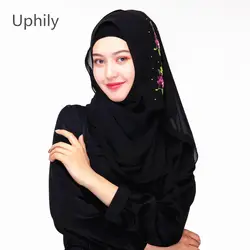 Женский шарф Мусульманский Хиджаб Шарф для головы Вышивка цветочные шарфы с кристаллами мусульманский головной платок хиджаб шифоновая