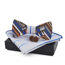 Мужская Свадебная вечеринка шеи рубашка воротник дерево галстук-бабочка набор жениха запонки с деревянными элементами галстук-бабочка Полосатый горошек Карманный платок квадратный