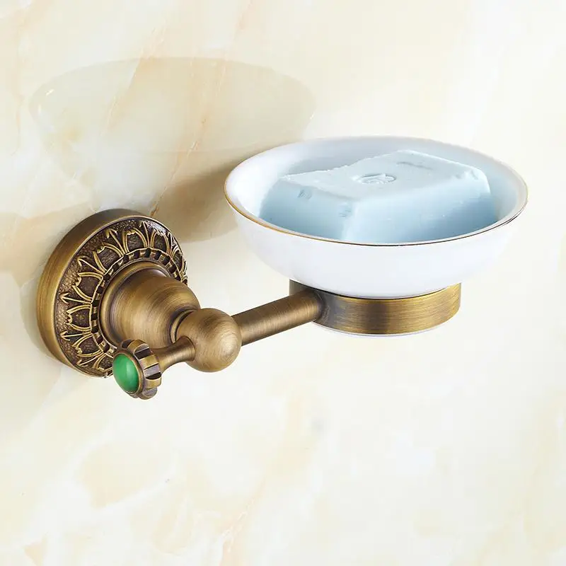 Изумрудный античный латунный зеленый камень набор оборудования для ванной резной щеткой аксессуары для ванной комнаты Набор - Цвет: soap dish