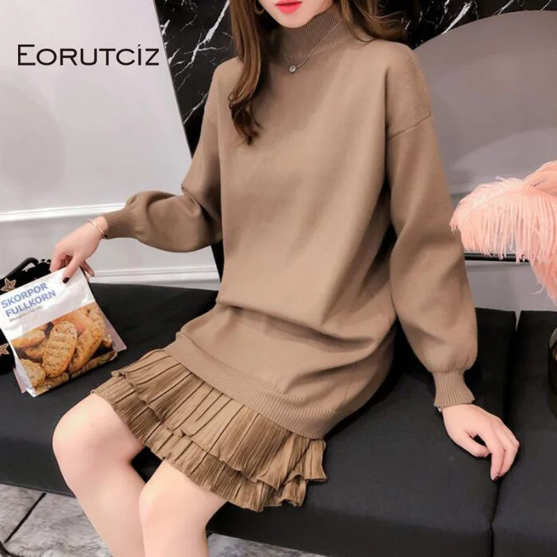 

EORUTCIZ Winter Turtleneck Dress Women Knitting Tunic Basic Sweater Dress Patchwork Spring Sexy Warm Long Sleeve Dress LM150