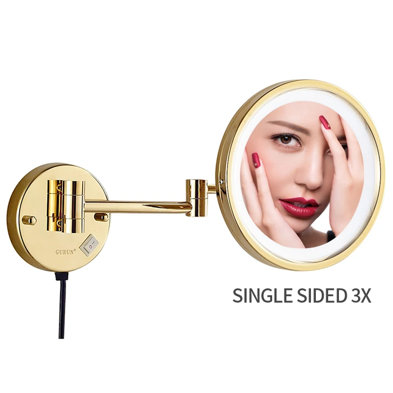 GuRun Vanity освещенное золото макияж зеркало с электрической вилкой, двусторонняя 360 градусов Поворотный выдвижная ванная комната M1807DJ - Цвет: 8 INCH 3X