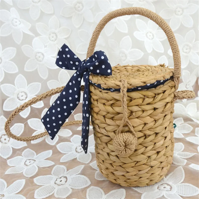 

Summer New Women Fashion Bucket Ribbon Straw Beach Handbag Luxury Designer Woven Lady Small Tote Bag Shoulder Crossbody Bag