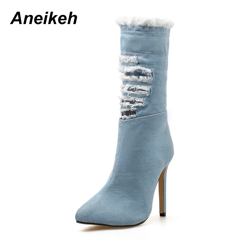 

Aneikeh Women Ankle Boots 2018 Broken Holes Sexy Pointed Toe High Thin Heel Ripped Denim Women Boots Sping/Autumn Shoes