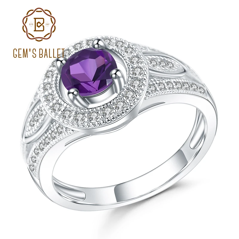 GEM'S BALLET Pure 925 Sterling Silver Vintage Ring 0.81Ct Natural Amethyst Gemstone Engagement Rings For Women Fine Jewelry | Украшения
