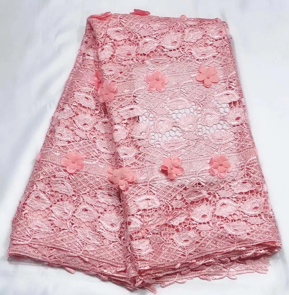 

Pink 3D flower African cord lace latest high quality french guipure lace fabric for nigerian party dresses 5yards FREE SHIPPING