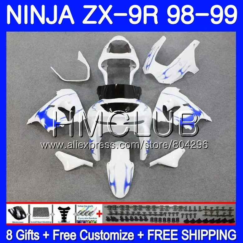 

Body For KAWASAKI NINJA ZX900 ZX9 R ZX 900 ZX-9R 98 99 43HM.7 900CC Blue flames ZX 9 R ZX9R 98 99 ZX 9R 1998 1999 Fairing kit