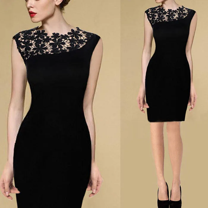 

Sexy Lady Lace Stretch Clubwear black solid Party Sleeveless Bodycon Slim Formal Dress