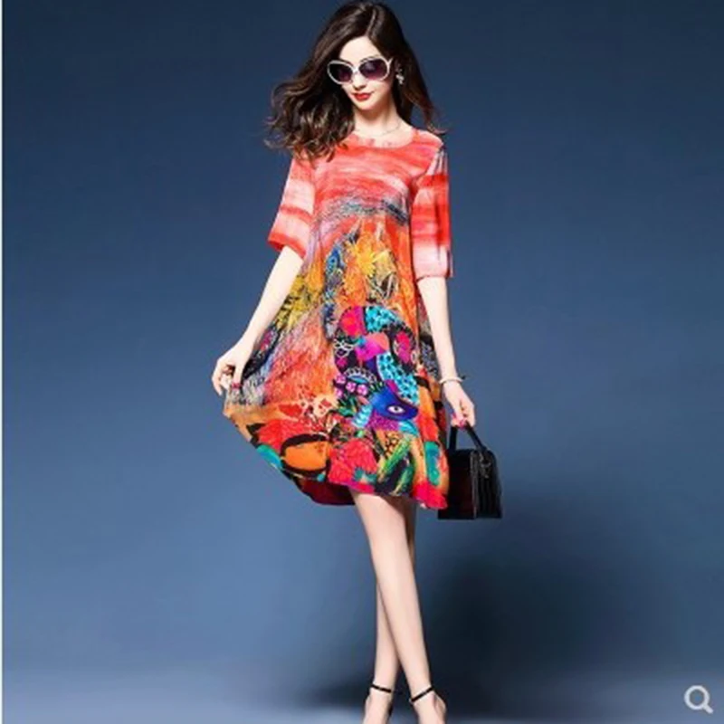 

Folk-custom V Neck Silk dresses women 2019 silk half-sleeve knee-length plus size summer dress women elegant M-XXXL 309