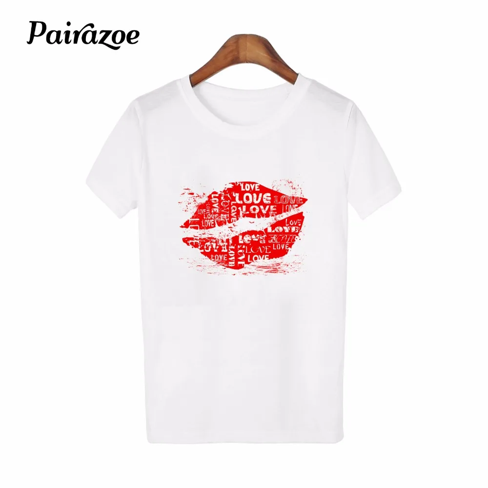 Pairazoe sexy red lips print girl's tshirt ladies casual t shirts women