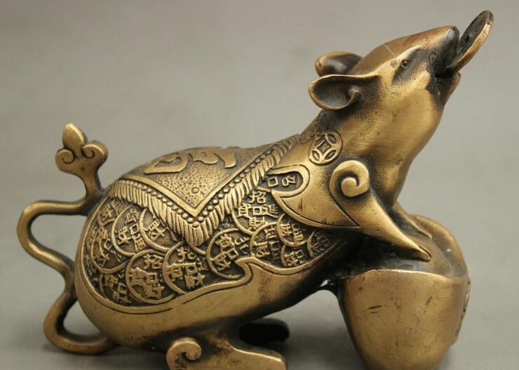 

JP S0608 Folk Chinese Bronze Animals Year Zodiac Copper Cion Yuan Bao Wealth Mouse Statue Discount 35%
