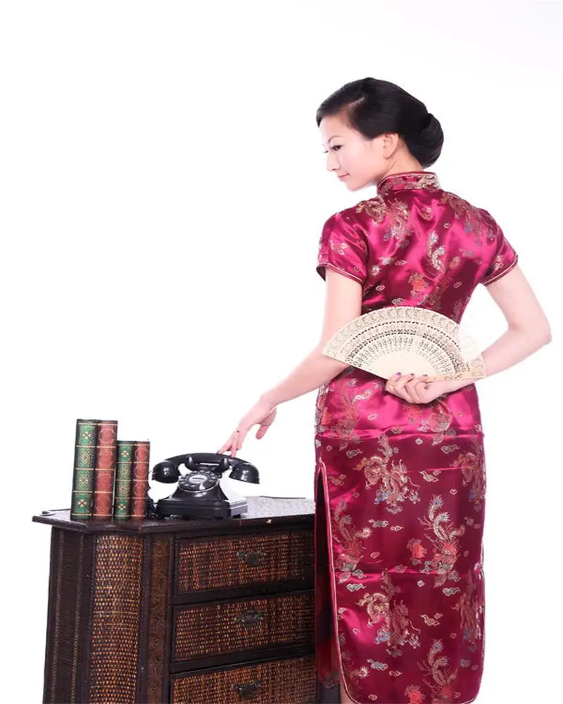 Бургундское винтажное китайское женское атласное длинное платье Ципао дракон феникс Размер s m l xl XXL J3092