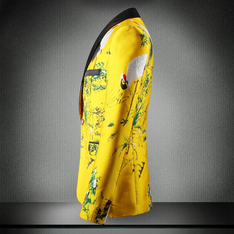 2019 Fashion Casual Blazer Hombre Yellow Printed Embroidered Coat Male Comfortable Stage Party Men'S Suit Coat