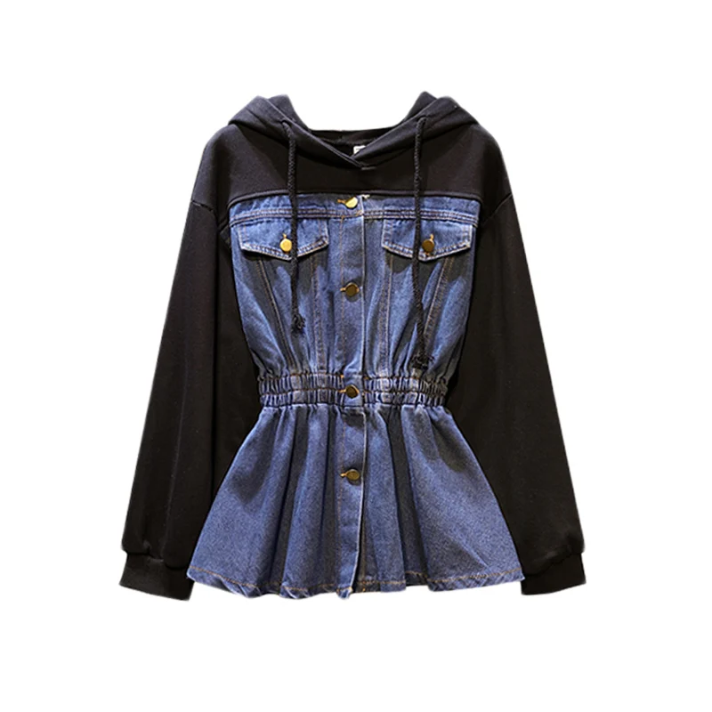 plus size women fat mm spring autumn bf wind splice Hooded jean jacket female denim Korean jacket women tide veste femme coat  