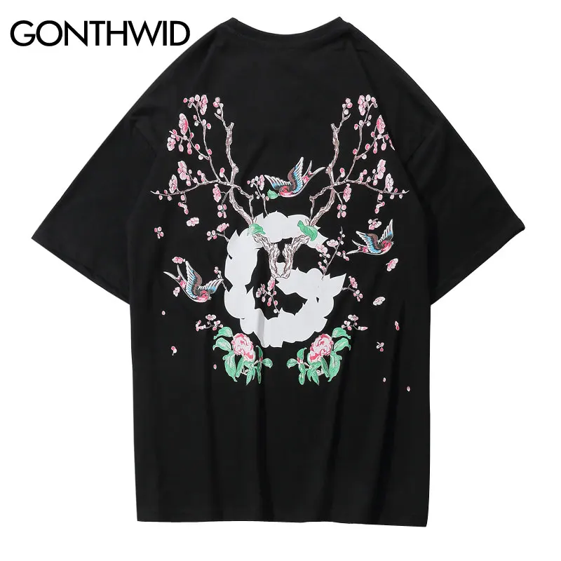 

GONTHWID Chinese Flowers Birds Print Streetwear T Shirts 2019 Men Hip Hop Fashion Casual Tops Tees Harajuku Short Sleeve Tshirts