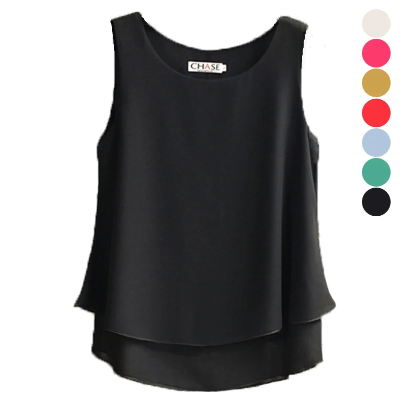  Fashion Women Summer Chiffon Blouse Sleeveless Casual Shirt O-neck Double Layers Vest Tops Plus Siz