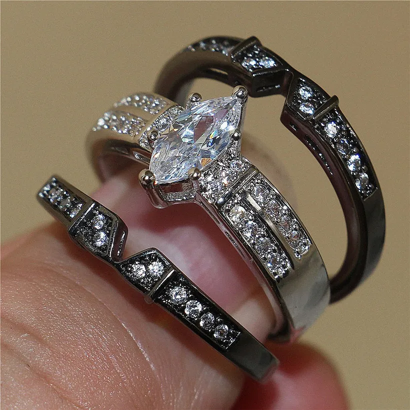 925 Silver Black gold Gemstone Rings Finger Lady Marquise Cut white Diamond cz Cocktail Rings Wedding Bride jewelry for Women
