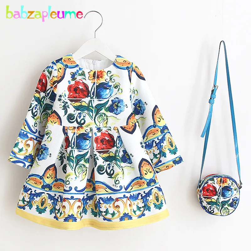 

Baby Princess Dress 2019 Spring Autumn Fashion Long Sleeve Cotton Flowers Cute Print Little Girls Clothing Kids Dresses+Bag 019