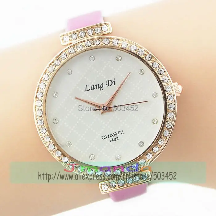 

100pcs/lot lang di-1402Elegance Diamond Dress Watch Fashion Useful Ladies Quartz Watch Small Leather White Color Watch 65pcs/lot