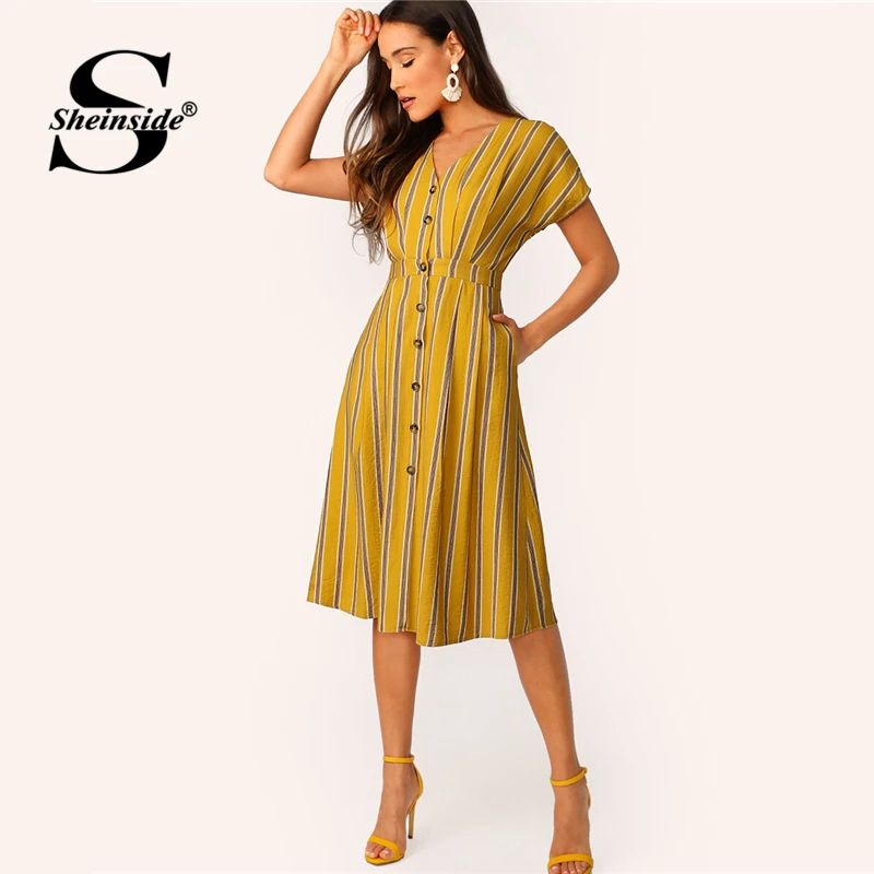 

Sheinside Boho Stripe Print Batwing Sleeve Dress Women 2019 Summer Button Up High Waist Trim Dresses Ladies Short Sleeve Dress