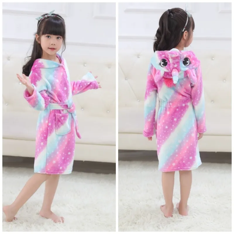 Cartoon Kids Bathrobe Animal Unicorn Bathrobes For Boys Girls Robes Hooded Beach Towel Kids Bath Robes Flannel Children Pajamas