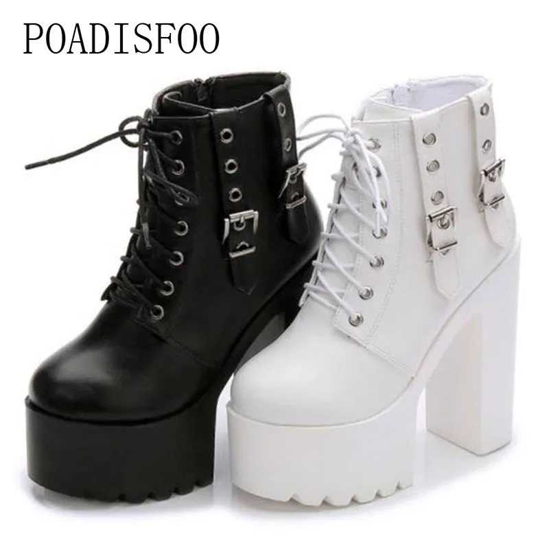 

POADISFOO Women Black White Ankle Boots 145mm Super High Heels Square Heels Boots Zip Rivet Insole Sexy Women Boots ZYW-659-10