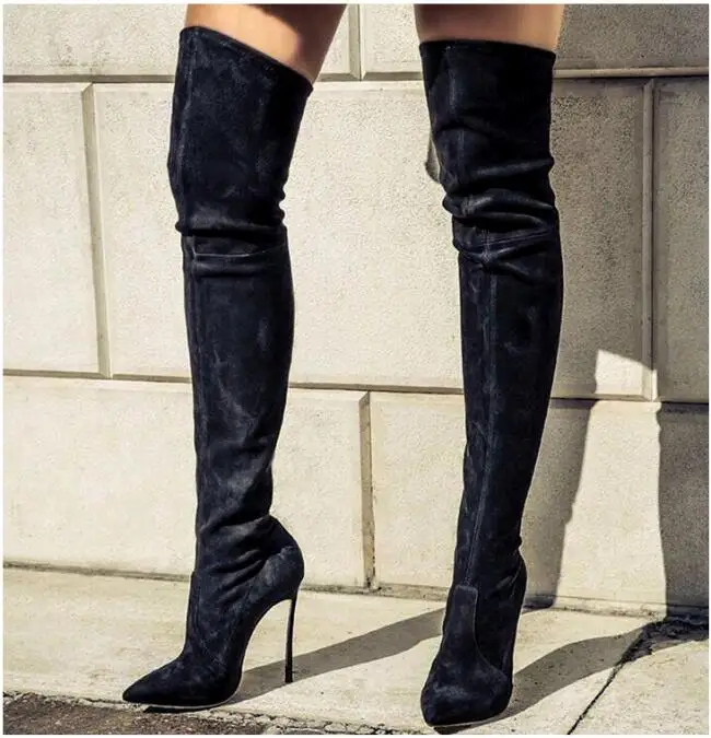 

2022 winter autumn suede leather woman long boots metal thin heel pointed toe design female over-the-knee boots elastic boot