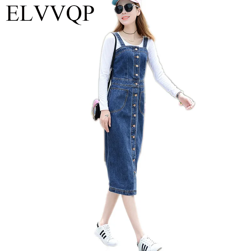 

2018 Spring/Summer New Women Denim Sundress Blue Slim Sunspender Jeans Dress Autumn Plus size 4XL 5XL Casual Denim Dress WF048