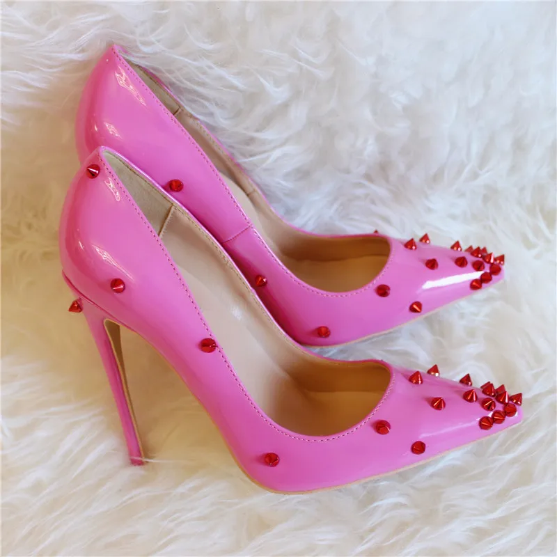 

Sweet Pink Patent Leather High Heel Pumps 12CM Red Spike Rivets Pointed Toe Wedding Shoes Bride Sexy Night Club Pump Shoes Women