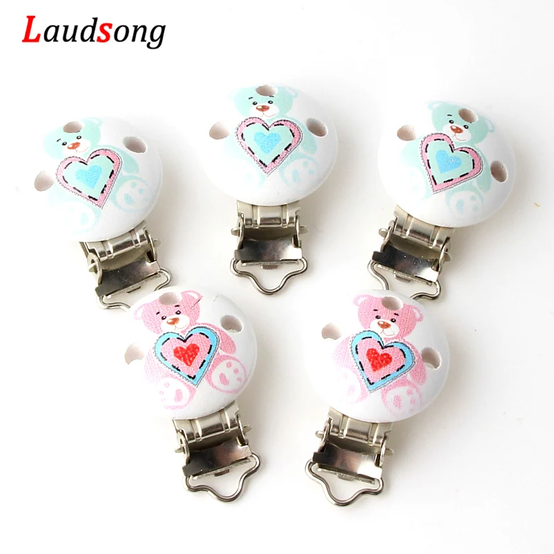 

5Pcs Baby Pacifier Clips Wood Metal Cute Bear Infant Teething Teether Soother Clasps Holders Pacifier Folder Accessories DIY
