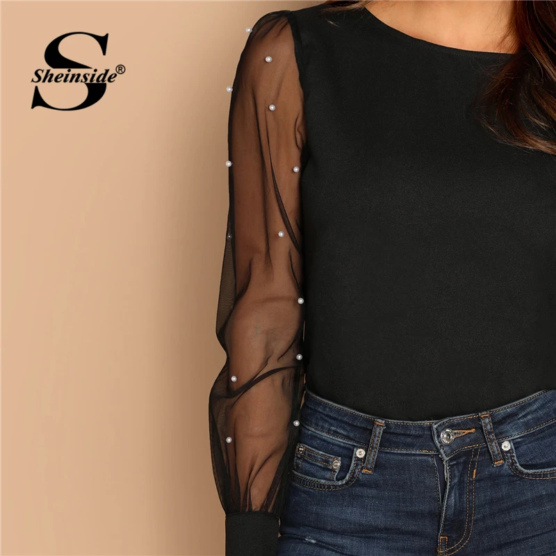 Sheinside Черная Женская блузка с жемчугом и бусинами, сетчатый топ с рукавом, женские рубашки с длинным рукавом, элегантная женская одежда, топы и блузки