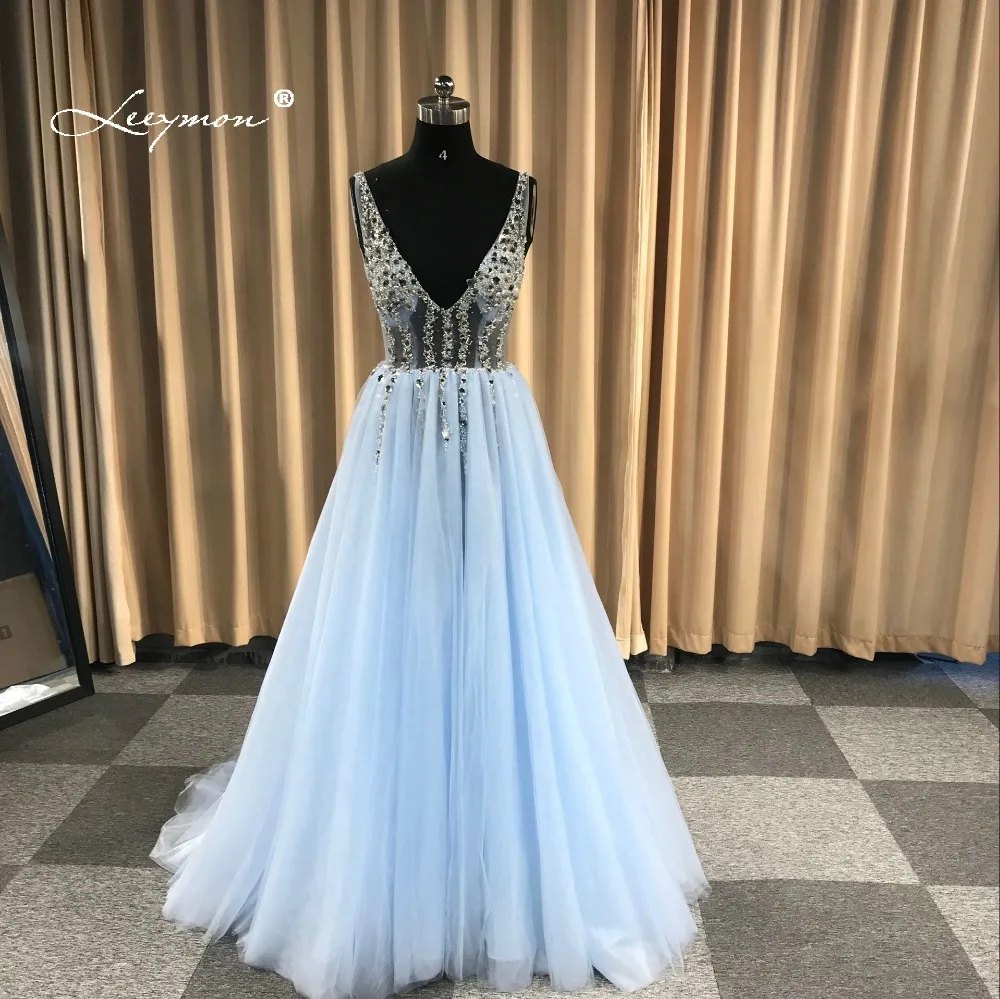 

New Design Deep V Neck Tulle Evening dress 2019 Sparkly Crystals Prom Dress Open Back Sexy Robe de Soriee Custom Made