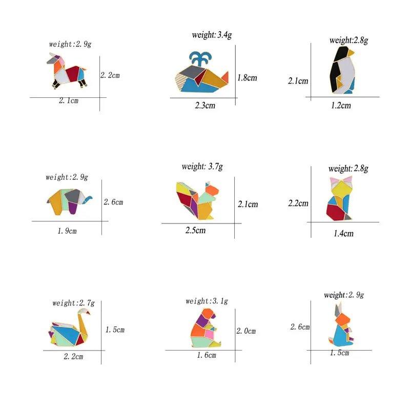 Цветные металлические Мультяшные броши в виде животного оригами для женщин, слон, кот, кролик, гусь, Кит, лошадь, медведь, нагрудные булавки, мужские значки, ювелирные изделия
