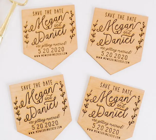 

Flag Save The Date Magnet, Rustic Wedding Favor,Engraved Wood Magnet, banner Wood Magnets