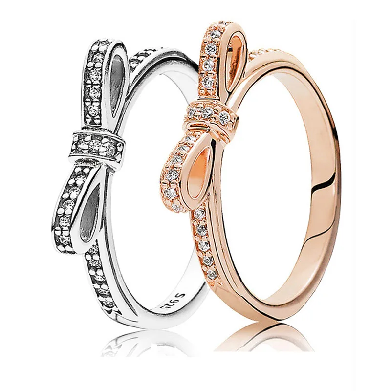 

30% 925 Silver Rose Gold Delicate Bow Rings With Crystal For Women Wedding Party Gift Fine Pandora Jewelry