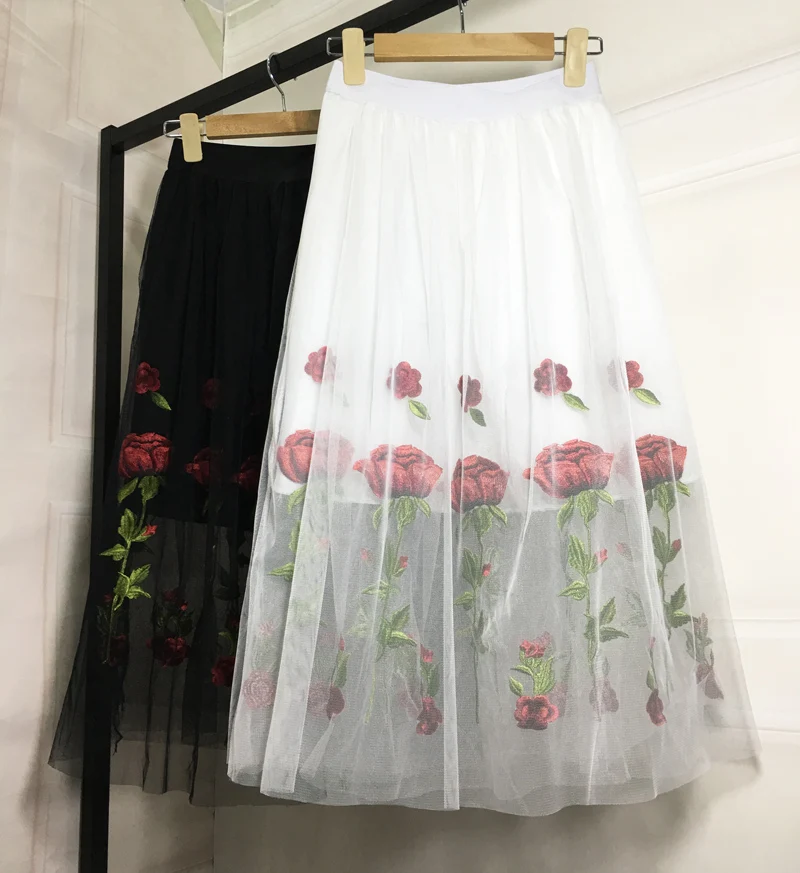 

New arrival women skirt 2017 embroidery rose floral summer long skirts womens elegant casual jupe femme faldas tulle skirt