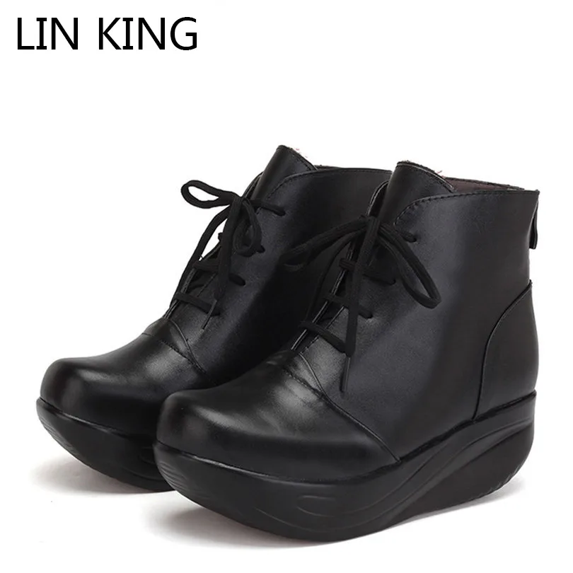 

LIN KING Solid Black Women Boots Lace Up Genuine Leather Winter Boots Warm Wedges Platform Swing Shoes Big Size Short Shoes