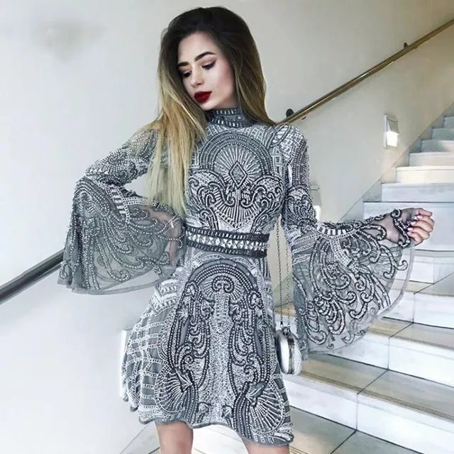 Cheap Spring 2019 Mini Dress Sexy Lace Full Fashion O Neck Women Retro Flash Sequined Night Club Party Body con Dresses Wholesale