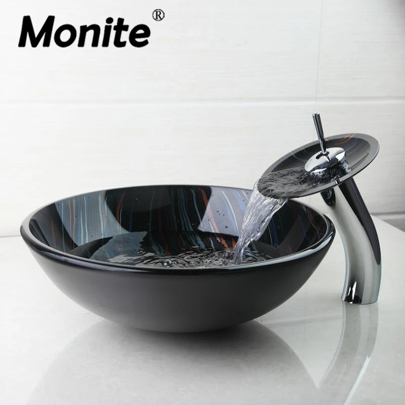 

Monite Bathroom Sink Set Hand Painting Tempered Glass Basin Bowl Sinks Vessel Basins With Brass Faucet Taps Drain