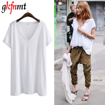 

Gkfnmt Summer T shirt Women 2018 Sexy V-Neck Solid Color Tops Short Sleeves New Loose Plus Size Black White Gray Tee Shirt Femme