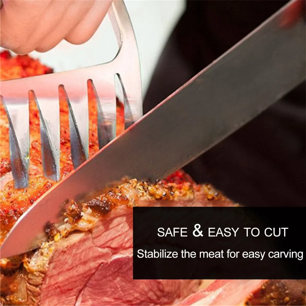 2 Pcs Wooden Handle Stainless Steel Bear Meat Claws Barbecue Fork Tongs Pull Meat Shred Roasting Fork BBQ Set Tool