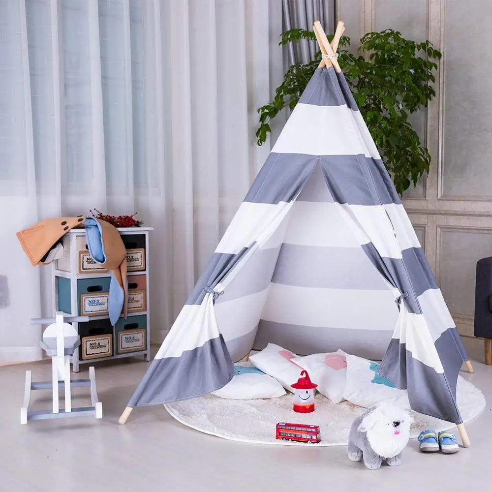 Большая Брезентовая вигвама-палатка для детей, вигвама Типи с серыми помпонами, индийская Игровая палатка для дома, Детская Типи-футболка, палатка без коврика ZP050 - Цвет: Grey Striped