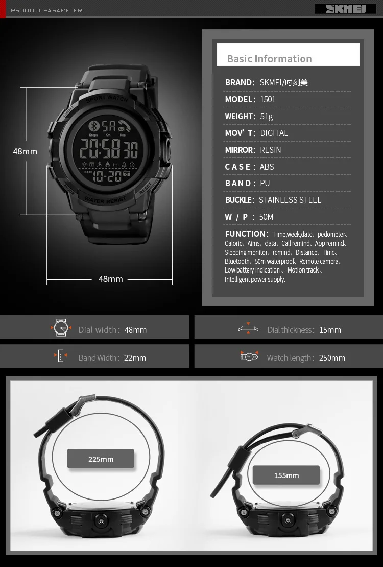 SKMEI 1501 Smart Watch Men Sport No Charge Endurance