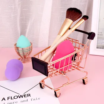 

Mini Metal Trolley Rose Gold Storage Basket Small Shopping Cart Style Puff Organizer Basket Desktop Cosmetic Brush Frame