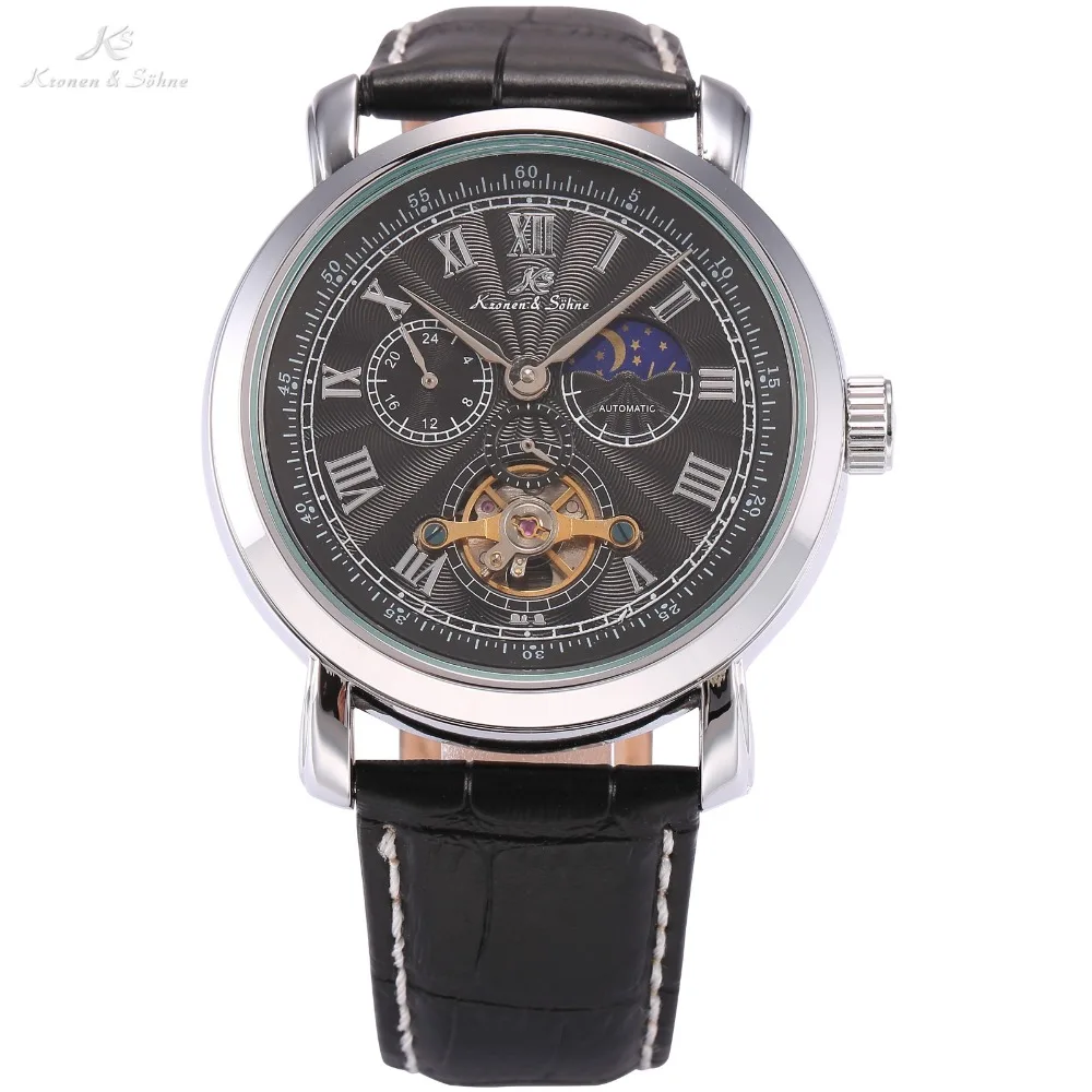 

KS Brand New Navigator Series Automatic Mechanical Self Wind Watch Tourbillion Silver Dial Black Leather Strap Men Watch/ KS222