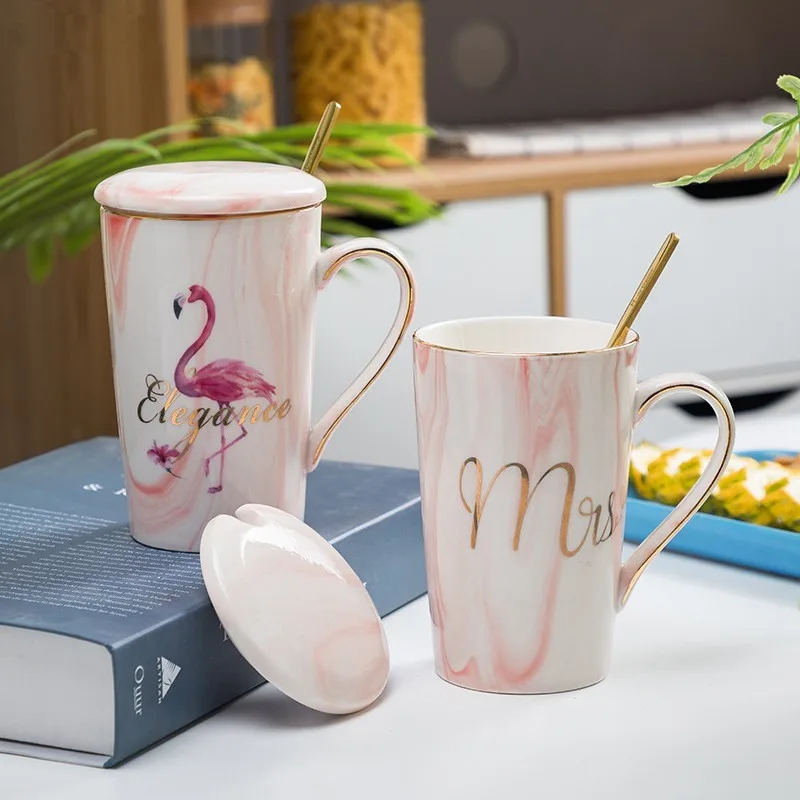 

Natural Marble Flamingo Porcelain Coffee Mug With Spoon Lids Mr And Mrs Tea Milk Cup Creative Wedding Anniversary Gift