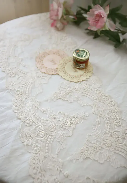 off white vintage embroidered lace, embroidered gauze lace fabric, antique wedding table cloth