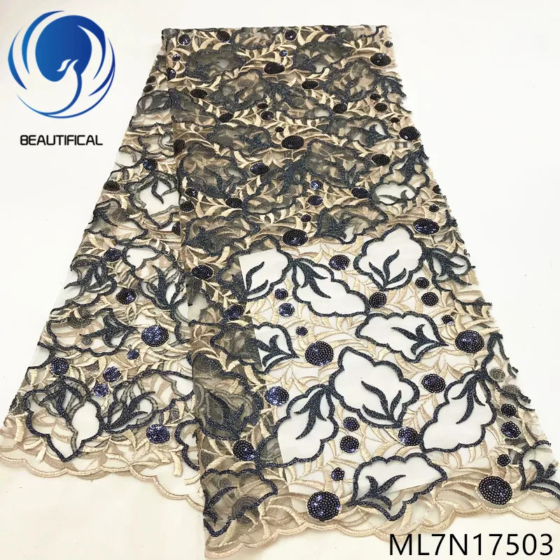 

Beautifical nigerian lace fabrics 2019 New design embroidery lace fabric for dress 5yards/lot net lace sequins fabrics ML7N175