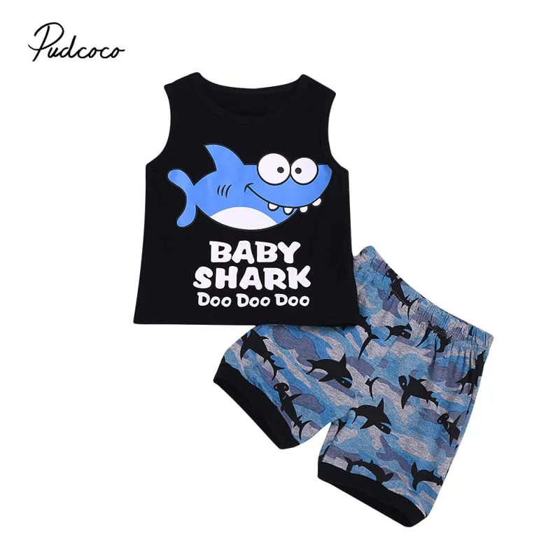 

2019 Brand Summer Toddler Baby Boy Clothes Shark Tops Vest Camo Shorts Sunsuit Outfit Casual Summer Clothing Set 2Pcs For Boys